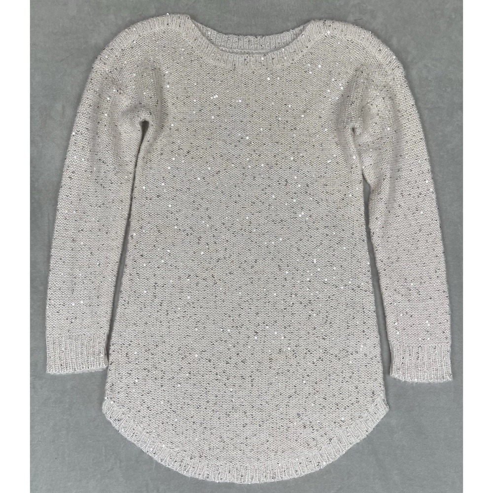 Copper Key Sweater Womens L Cream Sequin Glam Feminine Coquette Angel Soft Cozy‎